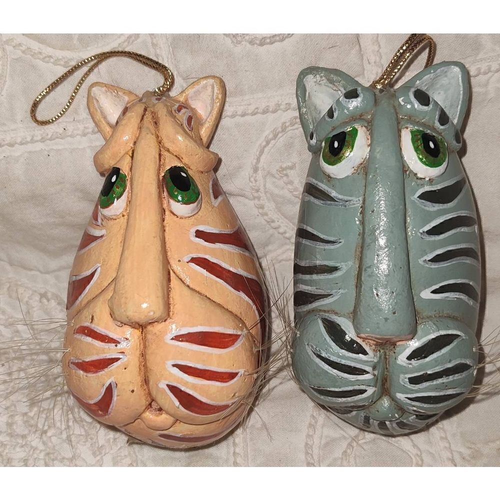 Lot of 2 Vicki Thomas Enesco Fat striped cats. Ornaments Rattles. Approx 5"